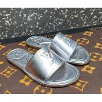 Duplicate Louis Vuitton Magnetic Flat Slide Sandals with LV Signature Silver 061705