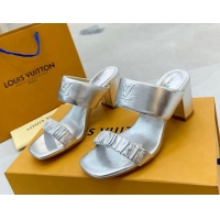 Best Price Louis Vuitton Drapy Block Heel Slide Sandals with Ruching 6.5cm Silver 062031