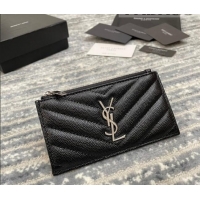 Pretty Style Saint Laurent Monogram Fragments Grained Leather Card Holders Wallet Y1520 Black/Silver 2022