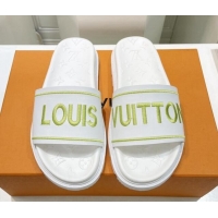 Classic Practical Louis Vuitton Signature Leather Flat Slide Sandals White 062051