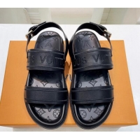 Lower Price Louis Vuitton Signature Embroidered Leather Flat Sandals Black 062054