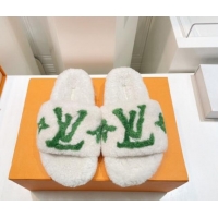 Duplicate Louis Vuitton Shearling Flat Slide Sandals White/Green 071979