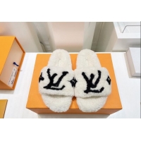 Most Popular Louis Vuitton Shearling Flat Slide Sandals White/Black 071980