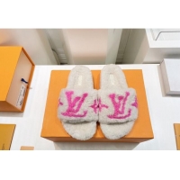 Unique Style Louis Vuitton Shearling Flat Slide Sandals White/Fuchsia Pink 071983