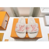 Best Grade Louis Vuitton Shearling Flat Slide Sandals White/Light Pink 071984