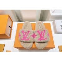 Top Grade Louis Vuitton Shearling Flat Slide Sandals Beige/Pink 071985