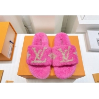 Popular Style Louis Vuitton Shearling Flat Slide Sandals Fuchsia Pink 071987