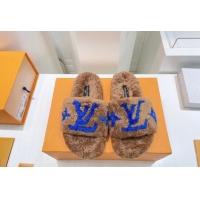 Best Price Louis Vuitton Shearling Flat Slide Sandals Brown/Blue 071992