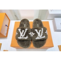 Top Quality Louis Vuitton Shearling Flat Slide Sandals Olive 071994