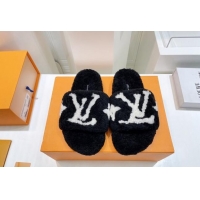 Discount Louis Vuitton Shearling Flat Slide Sandals Black 071995