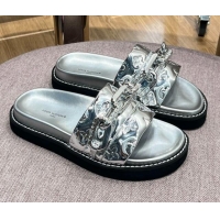 Luxury Louis Vuitton LV Sunset Monogram Leather Flat Comfort Slide Sandals with Resin Chain Silver 0719101