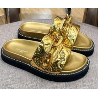 Good Quality Louis Vuitton LV Sunset Monogram Leather Flat Comfort Slide Sandals with Resin Chain Gold 0719103