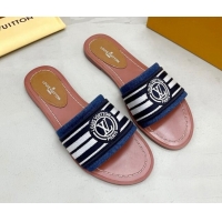 Low Cost Louis Vuitton Magnetic Printed Canvas Flat Slide Sandals Blue 721105