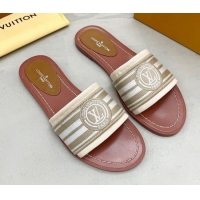 Good Looking Louis Vuitton Magnetic Printed Canvas Flat Slide Sandals Beige 721106