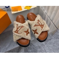 Shop Duplicate Louis Vuitton Paseo Flat Comfort Shearling Slide Sandals Light Brown 081058