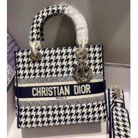 Best Quality Dior Medium Lady D-Lite Bag in Houndstooth Embroidery 120213 Blue