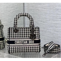 Most Popular Dior Medium Lady D-Lite Bag in Houndstooth Embroidery 120213 Black