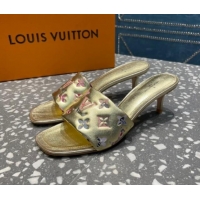 Grade Quality Louis Vuitton Revival Heel Slide Sandals 5.5cm in Floral Monogram Leather Gold 921106