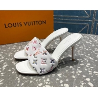 Best Grade Louis Vuitton Revival Heel Slide Sandals 8.5cm in Floral Monogram Leather White 0921107