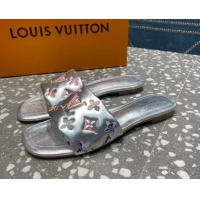 Luxury Louis Vuitton Revival Flat Slide Sandals in Floral Monogram Leather Silver 0921111