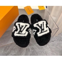 Top Grade Louis Vuitton Shearling Slide Sandals Black 921116