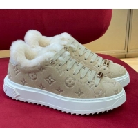 Unique Style Louis Vuitton Time Out Sneakers in Monogram Suede and Shearling Beige 921120