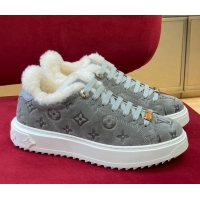 Popular Style Louis Vuitton Time Out Sneakers in Monogram Suede and Shearling Grey 921121