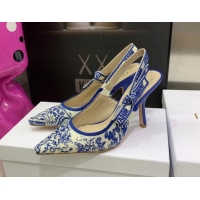 Pretty Style Dior J'Adior Slingback Pumps 9.5cm in Bright Blue Toile de Jouy Embroidered Cotton 070470