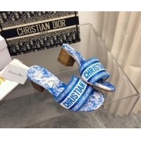 Fashion Dior Dway Heel Slide Sandals 4cm in Bright Blue Toile de Jouy Embroidered Cotton 080932