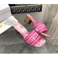 Luxury Dior Dway Heel Slide Sandals 4cm in Bright Pink Toile de Jouy Embroidered Cotton 080935