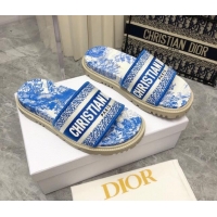 Original Cheap Dior Dway Platform Slide Sandals in Bright Blue Toile de Jouy Embroidered Cotton 080938