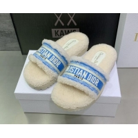 Hot Style Dior Dway Flat Slide Sandals in Embroidered Cotton and Shearling White/Light Blue 080946