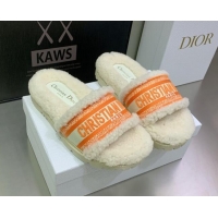 Pretty Style Dior Dway Flat Slide Sandals in Embroidered Cotton and Shearling White/Orange 080947