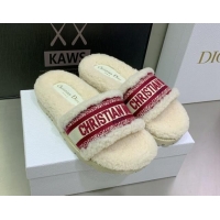 Good Looking Dior Dway Flat Slide Sandals in Embroidered Cotton and Shearling White/Burgundy 080948