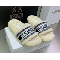 Charming Dior Dway Flat Slide Sandals in Embroidered Cotton and Shearling White/Black 080949