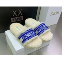 Good Product Dior Dway Flat Slide Sandals in Embroidered Cotton and Shearling White/Sky Blue 080950