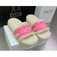 Durable Dior Dway Flat Slide Sandals in Embroidered Cotton and Shearling White/Bright Pink 080952