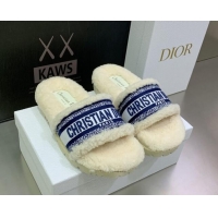 Classic Hot Dior Dway Flat Slide Sandals in Embroidered Cotton and Shearling White/Navy Blue 080953