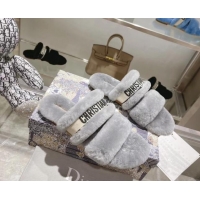 Trendy Design Dior Chez Moi Slide Sandals in Embroidered Cotton and White Shearling Grey 080954