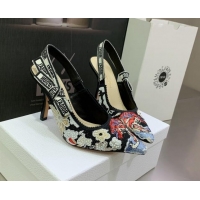 Unique Discount Dior J'Adior Slingback Pumps 9.5cm in Black Multicolor Embroidered Cotton with Toile de Jouy Pop Motif 0