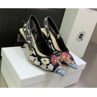 Best Grade Dior J'Adior Slingback Pumps 6.5cm in Black Multicolor Embroidered Cotton with Toile de Jouy Pop Motif 080963