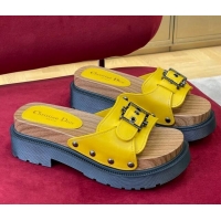 Good Looking Dior Diorquake Strap Calfskin Slide Sandals Yellow 081293