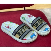 Top Grade Dior Dway Platform Slide Sandals in White Multicolor Pixel Zodiac Embroidery 0812101