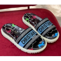 Discount Fashion Dior Dway Platform Slide Sandals in Black Multicolor Pixel Zodiac Embroidery 0812102