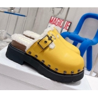 Popular Style Dior Diorquake Clog Mules in Yellow Calfskin and White Shearling 082535