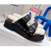 Best Price Dior Diorquake Strap Slide Sandals in Black Calfskin and White Shearling 082540