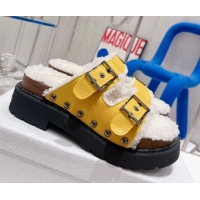 Good Quality Dior Diorquake Strap Slide Sandals in Yellow Calfskin and White Shearling 082542