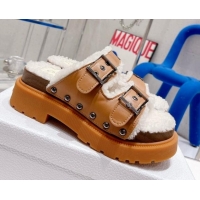 Popular Style Dior Diorquake Strap Slide Sandals in Brown Calfskin and White Shearling 082544