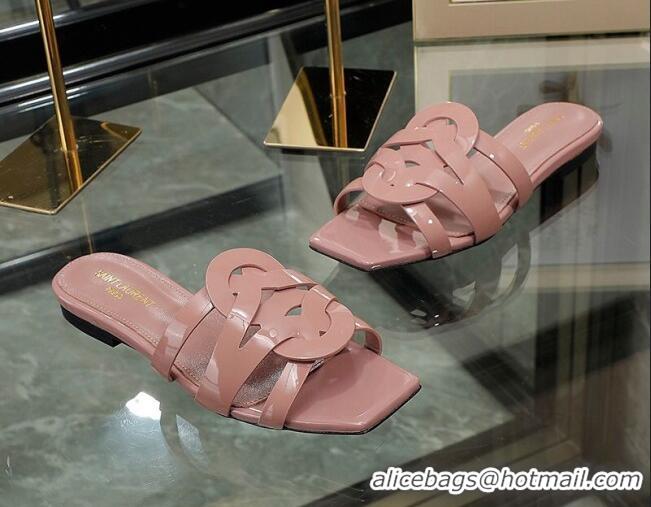 Custom Saint Laurent Patent Leather Flat Slide Sandals Pink 070906