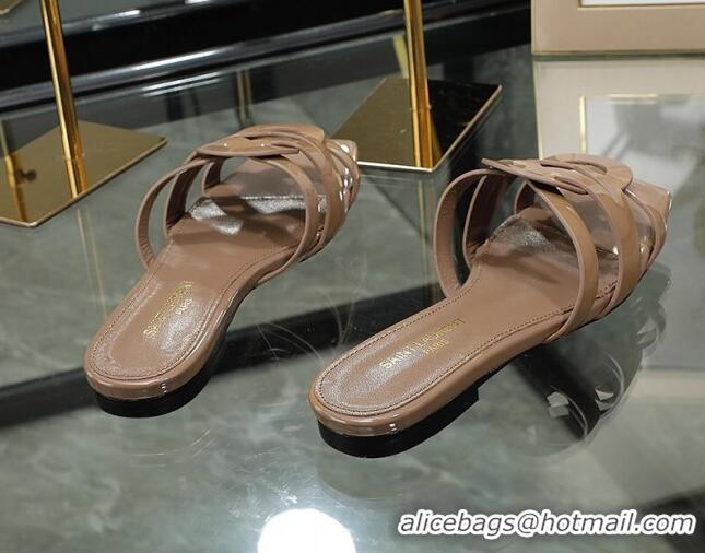 Good Product Saint Laurent Patent Leather Flat Slide Sandals Brown 070907